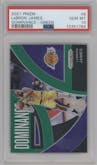 LeBron James from the 2021-22 Panini Prizm  set featuring a Green Prizm parallel graded by PSA and given an overall grade of 10.