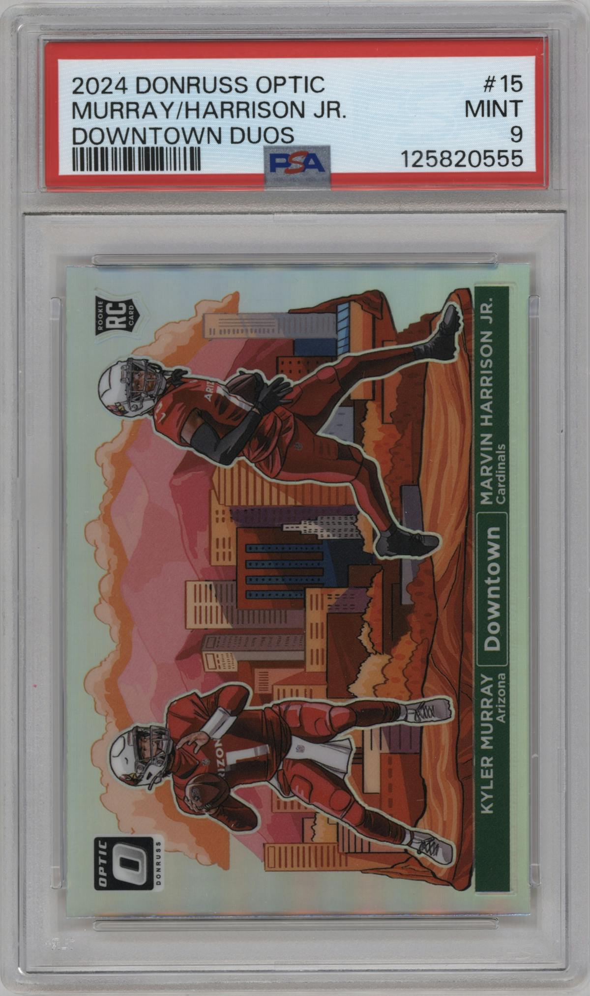 Kyler Murray/Marvin Harrison Jr. from the 2024 Donruss Optic set graded by PSA and given an overall grade of 9.
