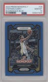 Stephen Curry from the 2023-24 Panini Prizm Monopoly set featuring a Boardwalk Blue parallel graded by PSA and given an overall grade of 10.