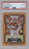Isiah Pacheco from the 2023 Panini Prizm set featuring a Orange Wave parallel graded by PSA and given an overall grade of 10.