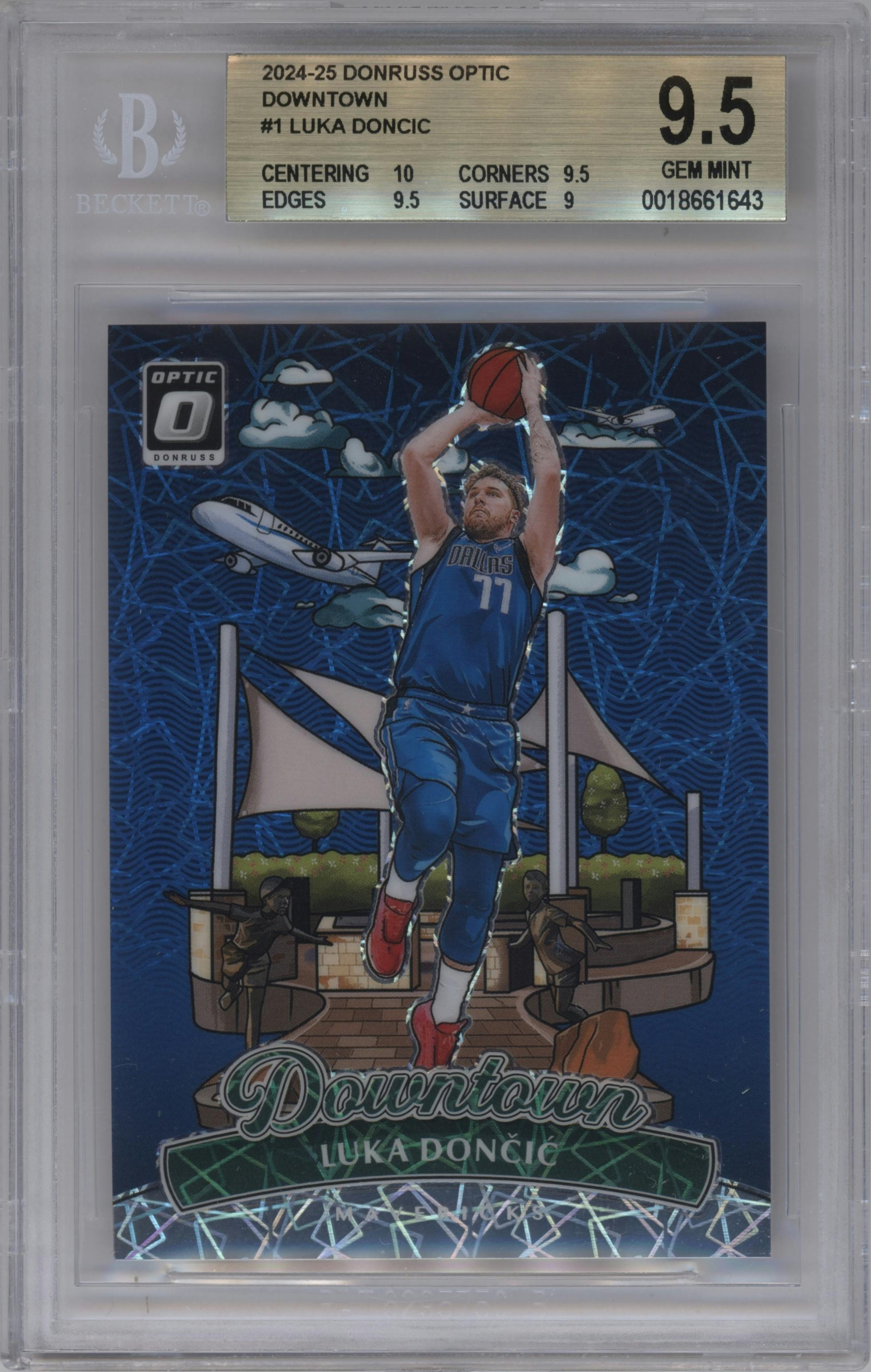 Luka Doncic from the 2024-25 Donruss Optic set graded by Beckett and given an overall grade of 9.5.
