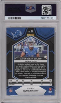 Amon-Ra St. Brown from the 2024 Panini Mosaic set featuring a Genesis parallel graded by PSA and given an overall grade of 10.