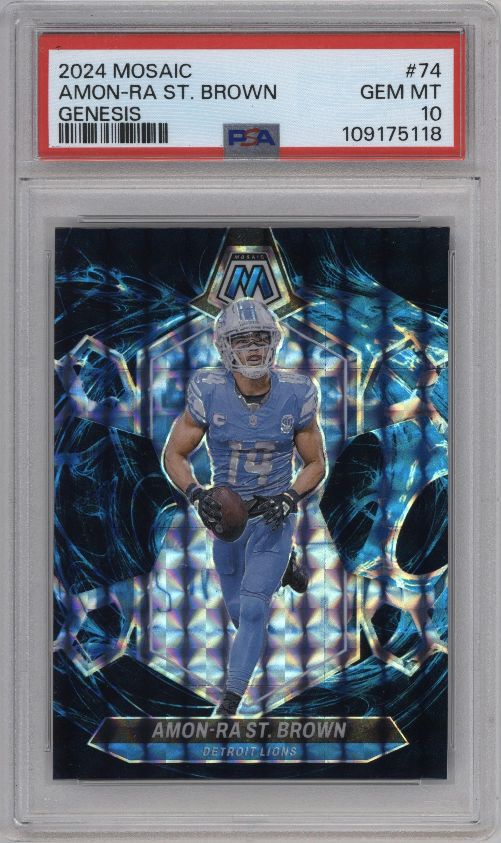 Amon-Ra St. Brown from the 2024 Panini Mosaic set featuring a Genesis parallel graded by PSA and given an overall grade of 10.