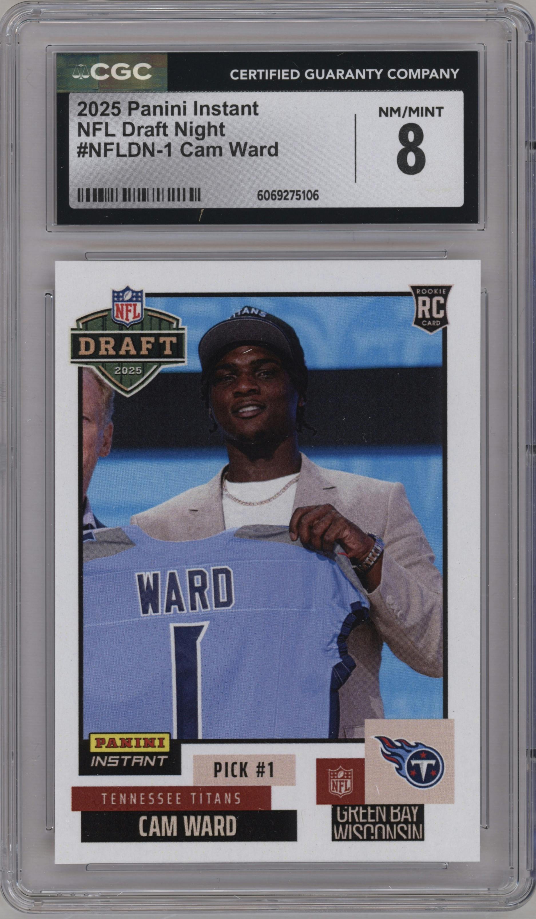 Cam Ward from the 2025 Panini Instant NFL Draft Night set graded by CSG and given an overall grade of 8.