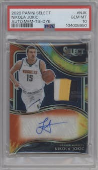 Nikola Jokic from the 2020-21 Panini Select  set featuring a Tie-Dye parallel graded by PSA and given an overall grade of 10.