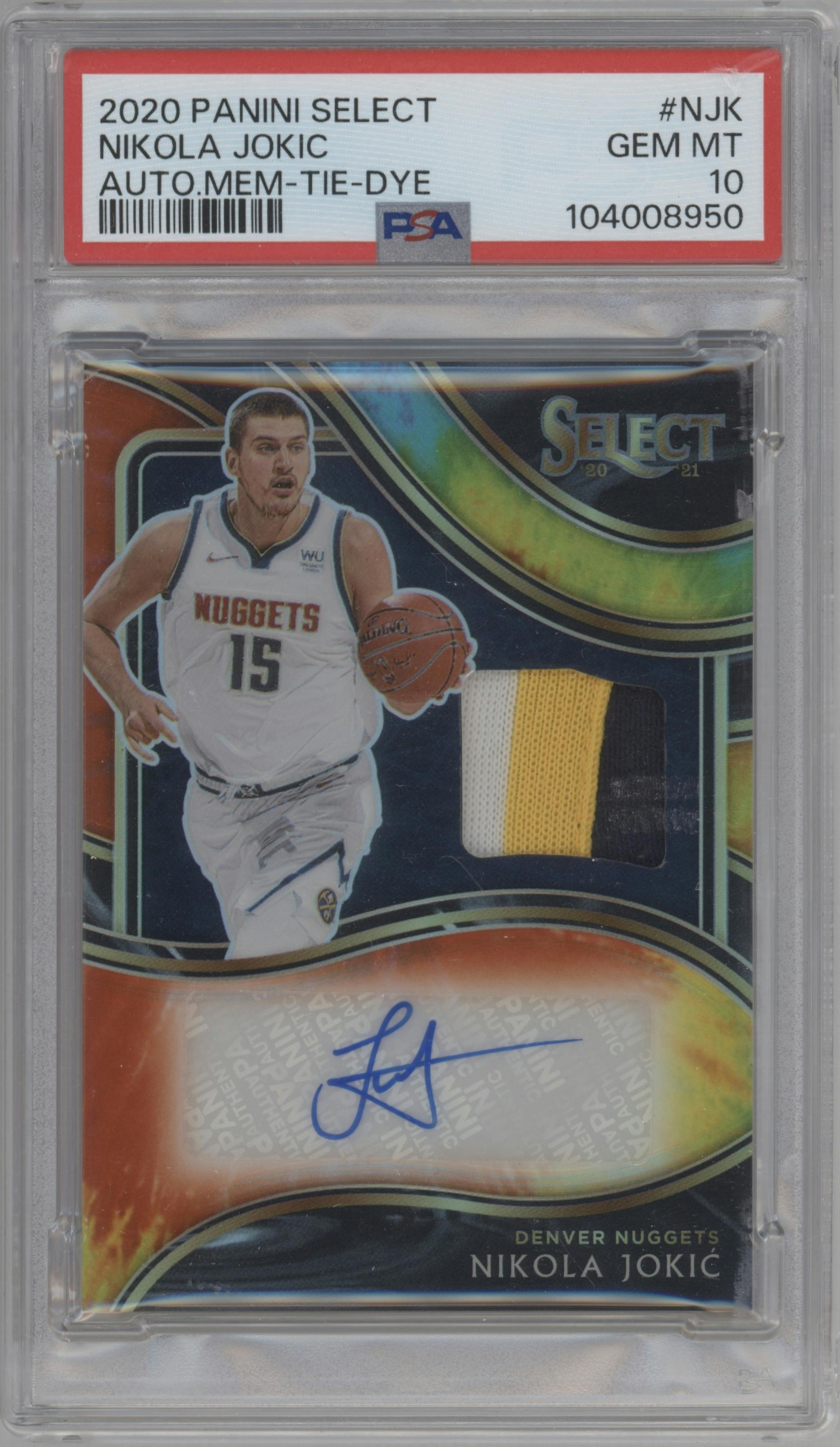 Nikola Jokic from the 2020-21 Panini Select  set featuring a Tie-Dye parallel graded by PSA and given an overall grade of 10.