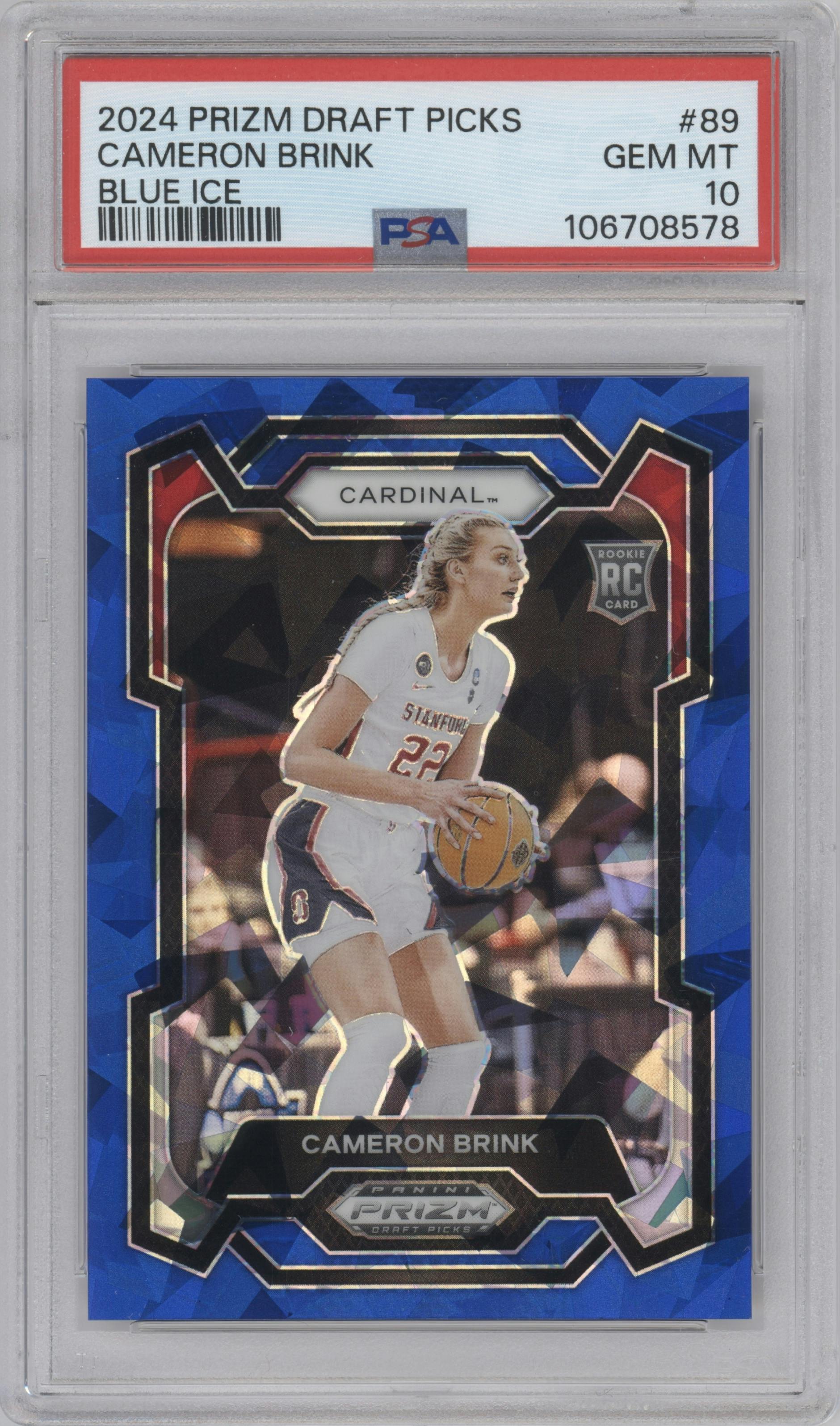 Cameron Brink from the 2024 Panini Prizm Draft Picks set featuring a Blue Ice Prizm parallel graded by PSA and given an overall grade of 10.