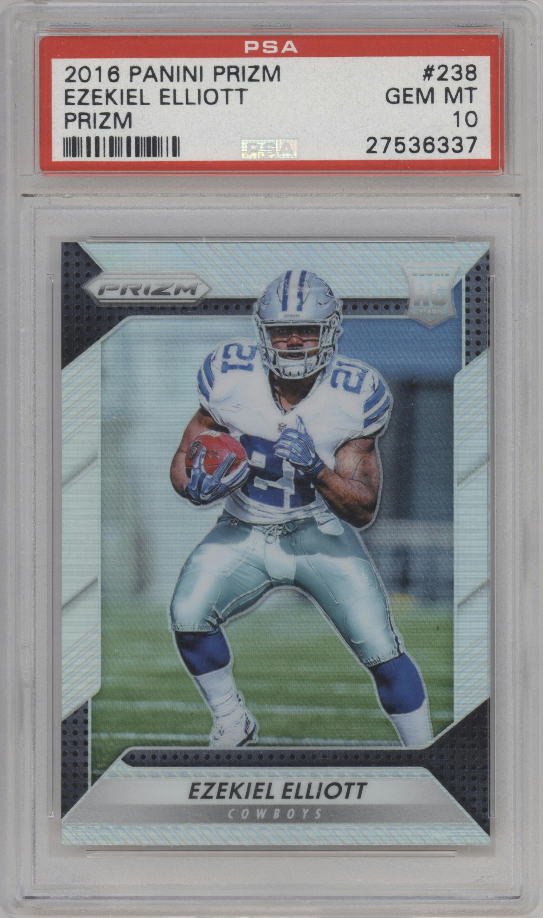 Ezekiel Elliott from the 2016 Panini Prizm set featuring a Prizm parallel graded by PSA and given an overall grade of 10.
