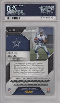 Ezekiel Elliott from the 2016 Panini Prizm set featuring a Prizm parallel graded by PSA and given an overall grade of 10.