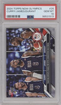 Stephen Curry/LeBron James/Kevin Durant from the 2024 Topps Now Olympics set graded by PSA and given an overall grade of 10.