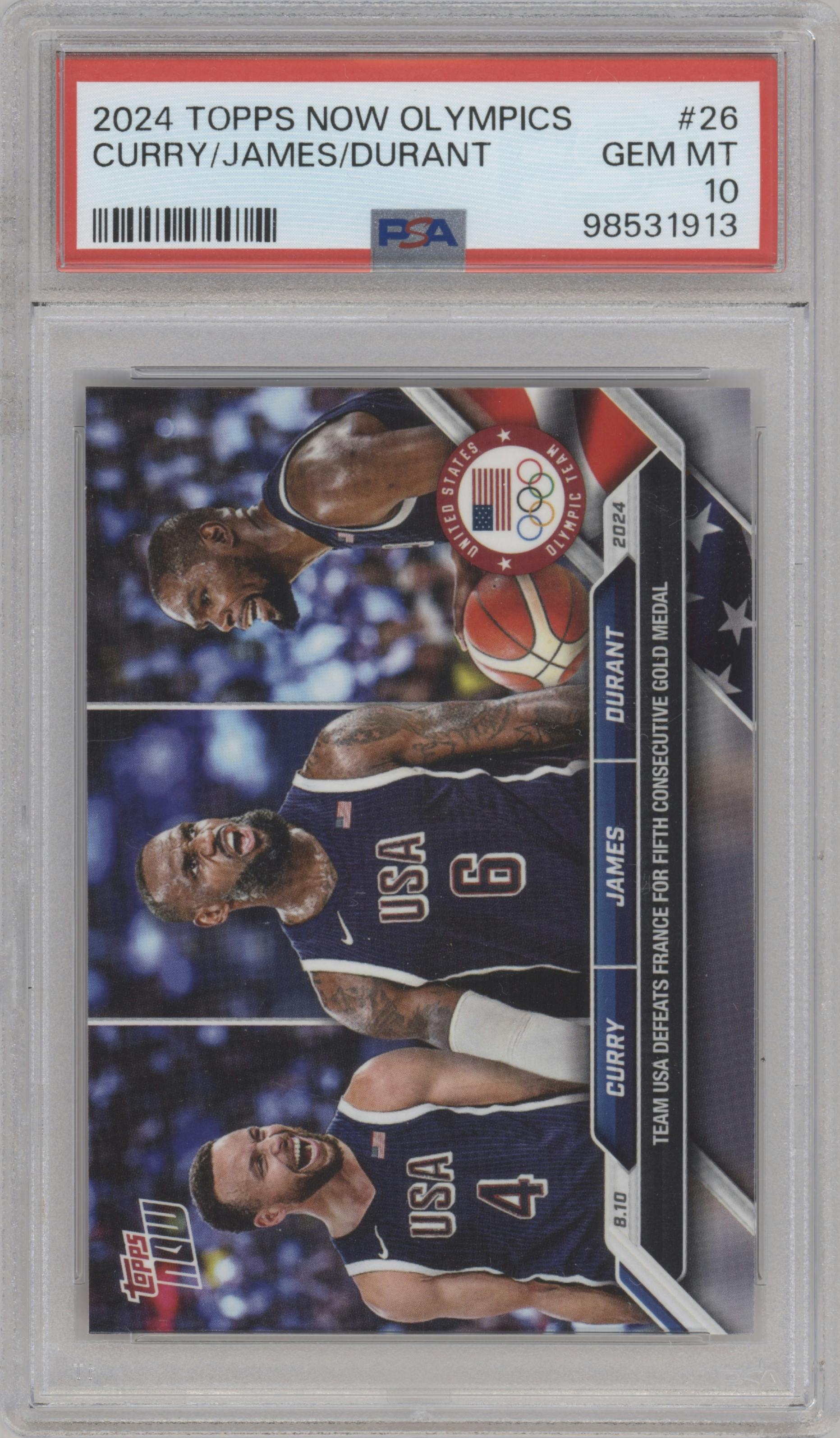 Stephen Curry/LeBron James/Kevin Durant from the 2024 Topps Now Olympics set graded by PSA and given an overall grade of 10.