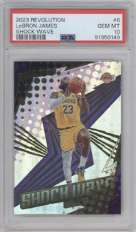 Lebron James from the 2023-24 Panini Revolution set graded by PSA and given an overall grade of 10.