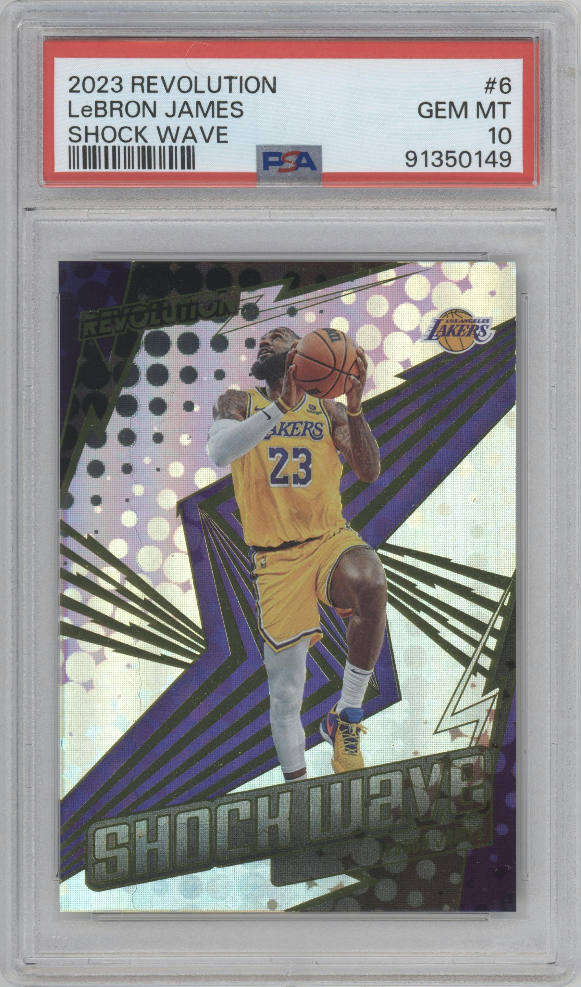 Lebron James from the 2023-24 Panini Revolution set graded by PSA and given an overall grade of 10.