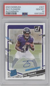 Zay Flowers from the 2023 Panini Donruss set graded by PSA and given an overall grade of 10.
