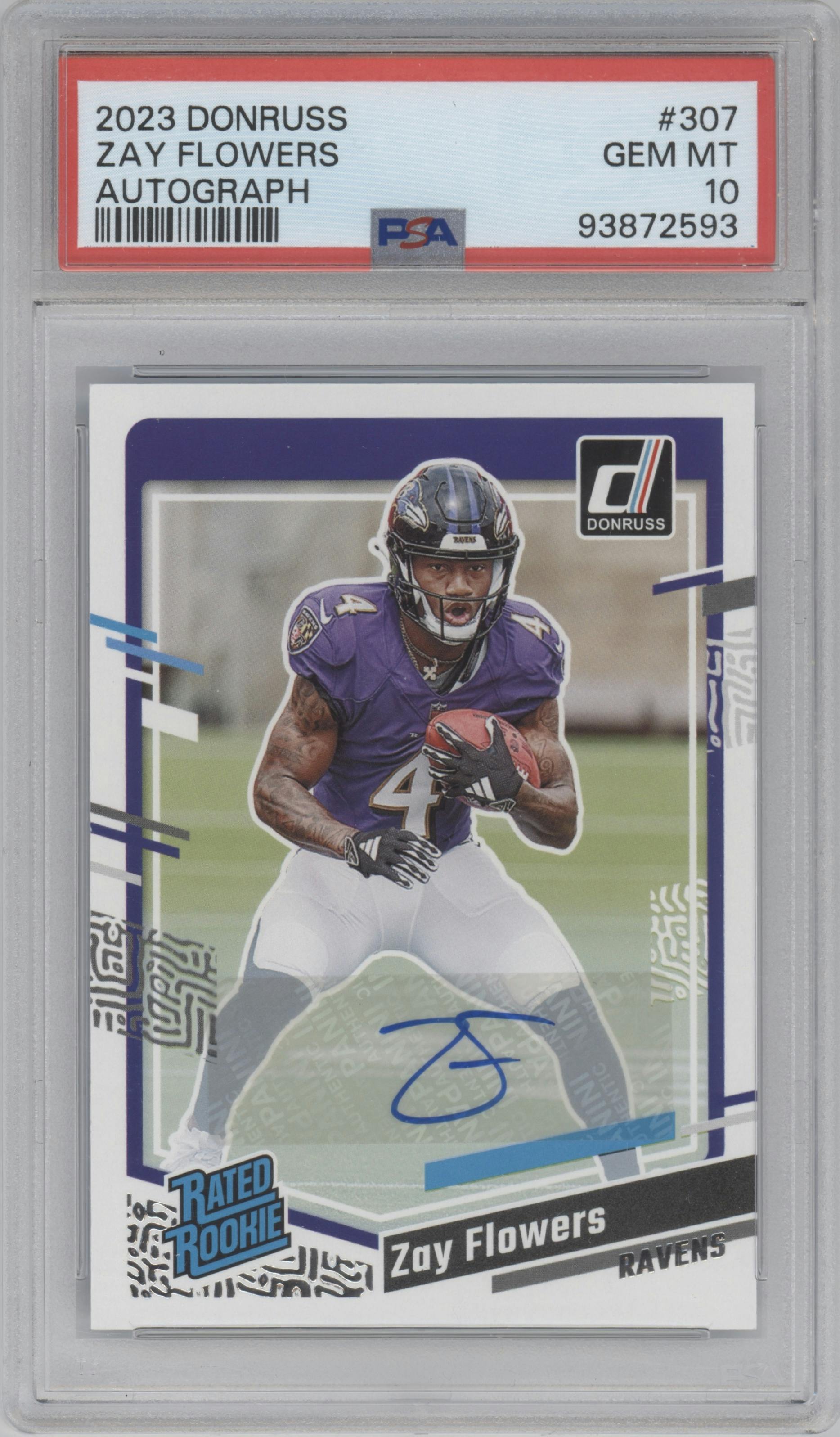Zay Flowers from the 2023 Panini Donruss set graded by PSA and given an overall grade of 10.