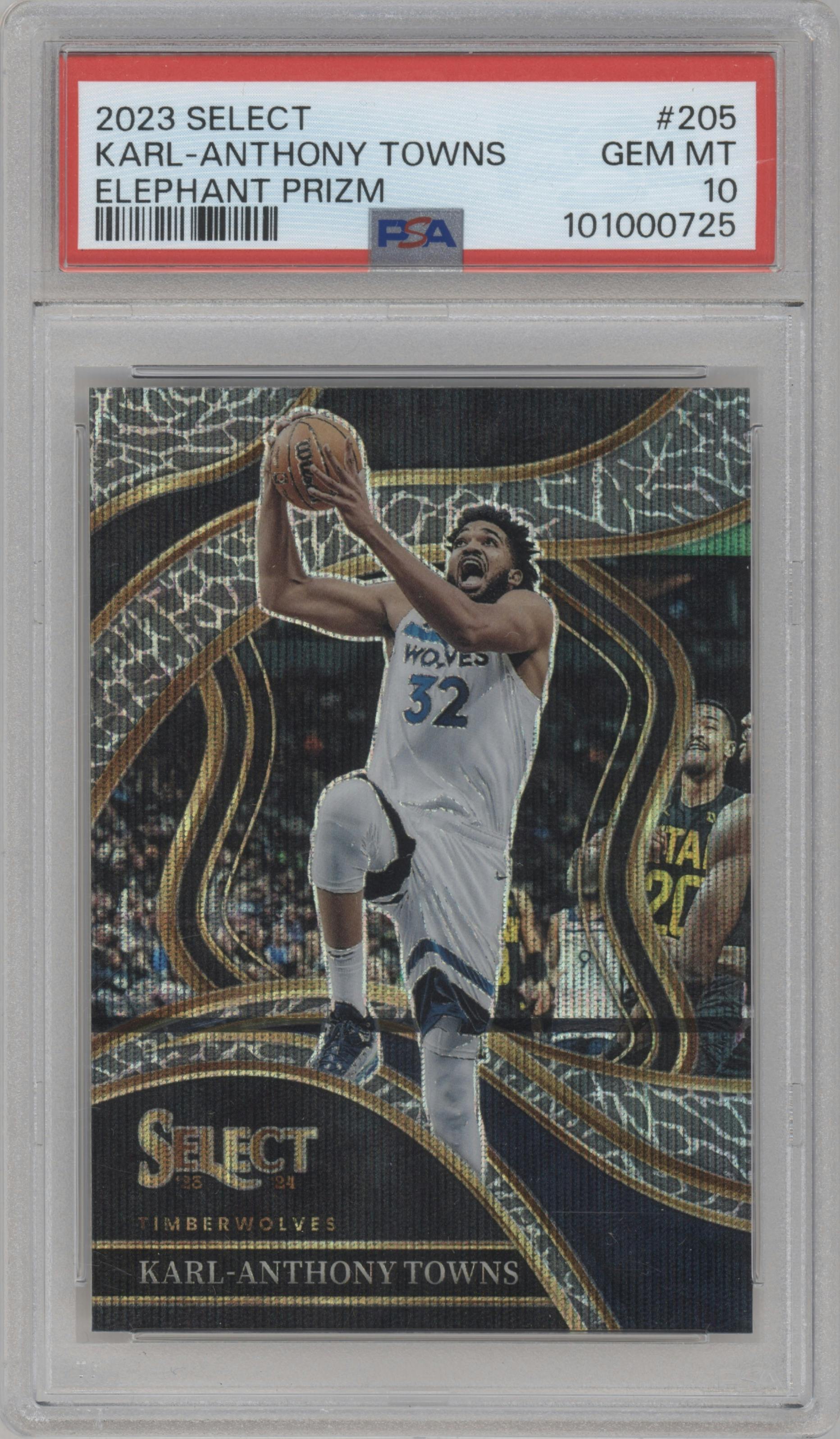 Karl-Anthony Towns from the 2023-24 Panini Select  set featuring a Elephant parallel graded by PSA and given an overall grade of 10.