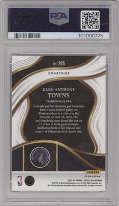 Karl-Anthony Towns from the 2023-24 Panini Select  set featuring a Elephant parallel graded by PSA and given an overall grade of 10.