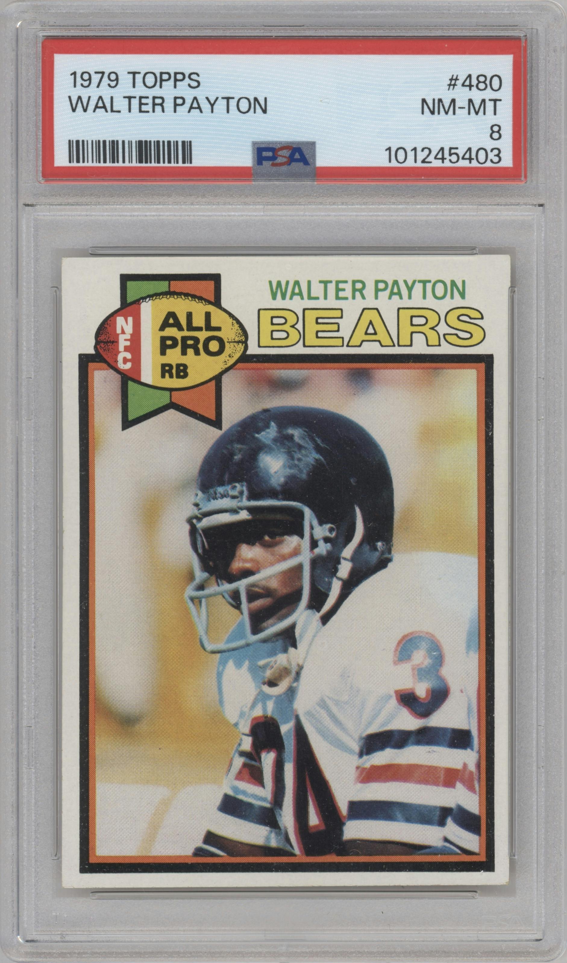Walter Payton from the 1979 Topps set graded by PSA and given an overall grade of 8.