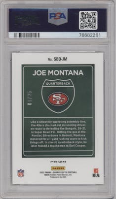 Joe Montana from the 2022 Panini Donruss Optic set featuring a Black Pandora parallel graded by PSA and given an overall grade of 9.