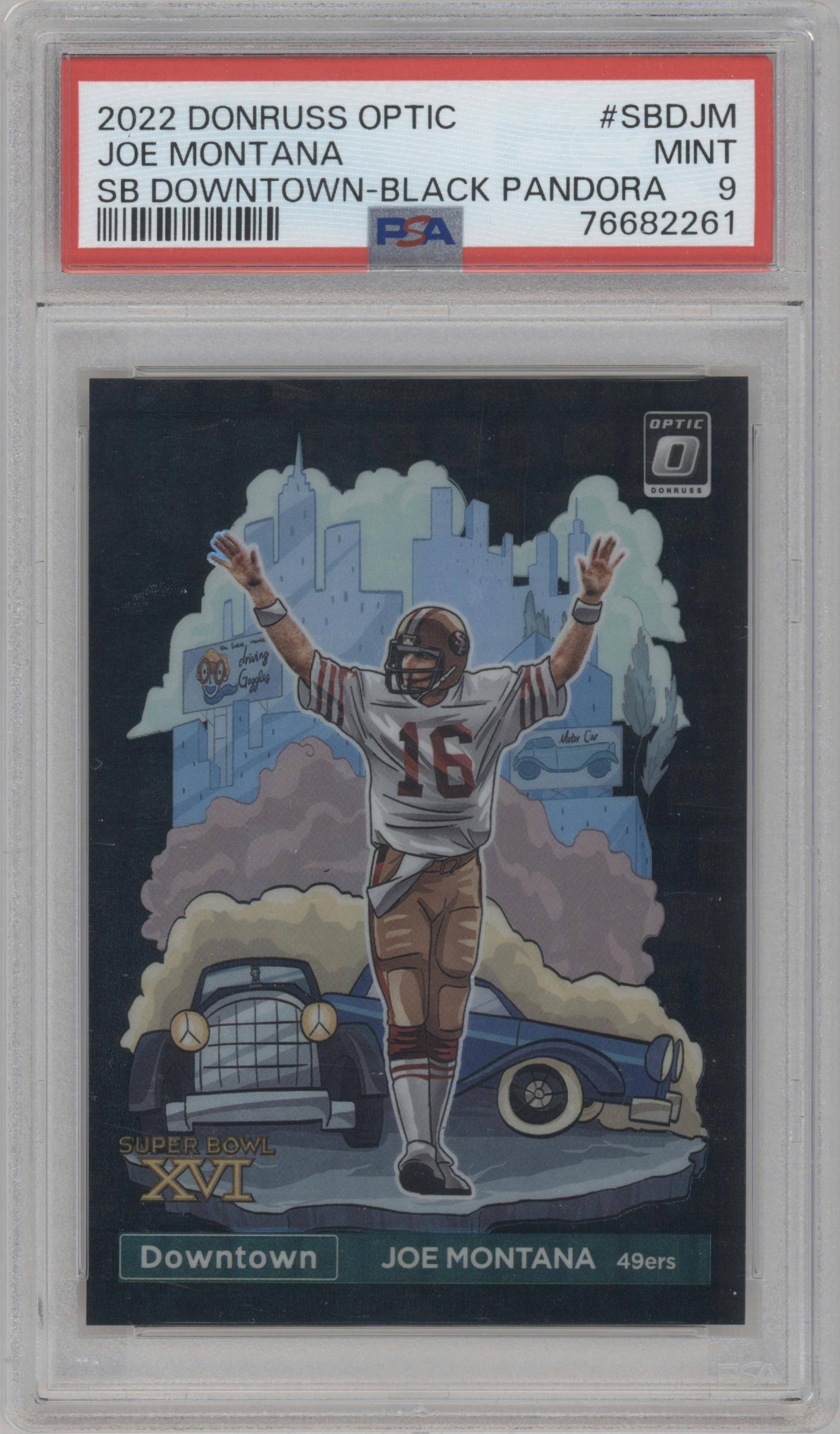 Joe Montana from the 2022 Panini Donruss Optic set featuring a Black Pandora parallel graded by PSA and given an overall grade of 9.