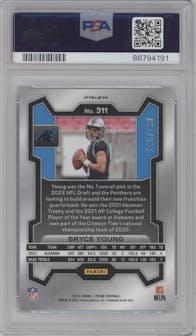 Bryce Young from the 2023 Panini Prizm set featuring a Blue Wave parallel graded by PSA and given an overall grade of 10.