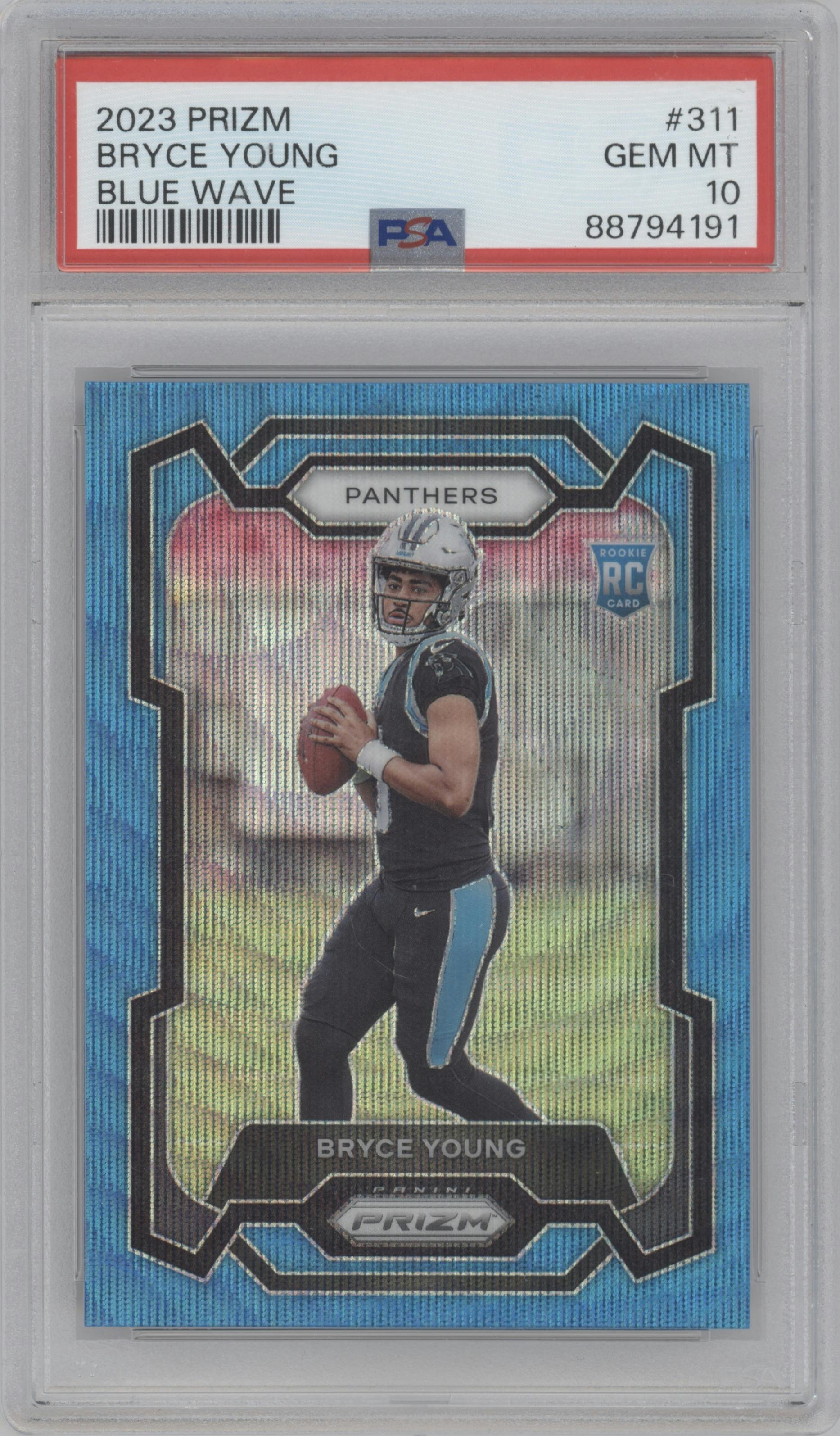 Bryce Young from the 2023 Panini Prizm set featuring a Blue Wave parallel graded by PSA and given an overall grade of 10.