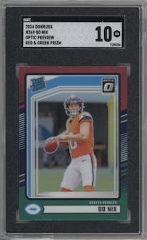 Bo Nix from the 2024 Donruss set featuring a Red and Green parallel graded by SGC and given an overall grade of 10.