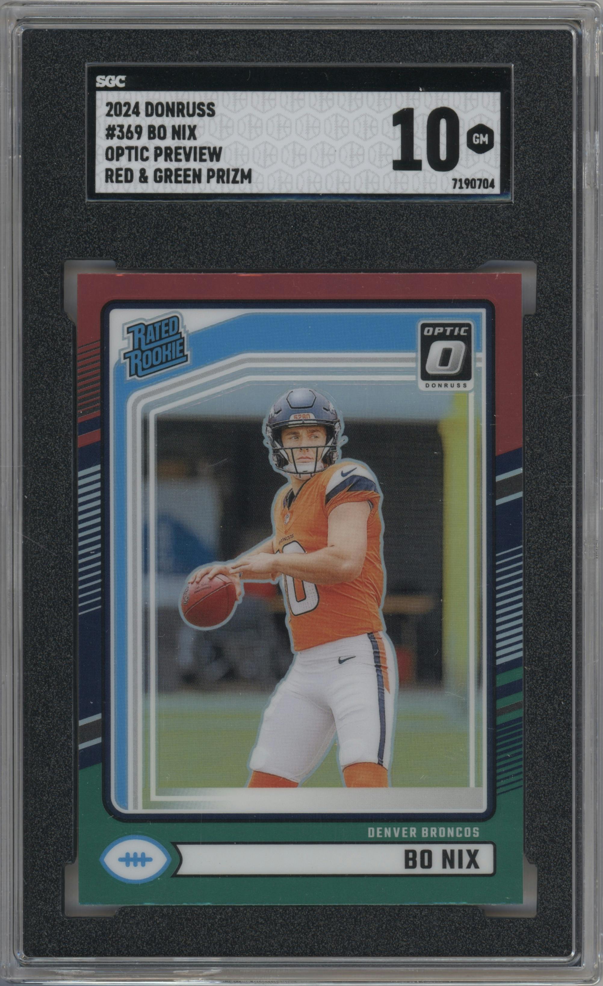 Bo Nix from the 2024 Donruss set featuring a Red and Green parallel graded by SGC and given an overall grade of 10.