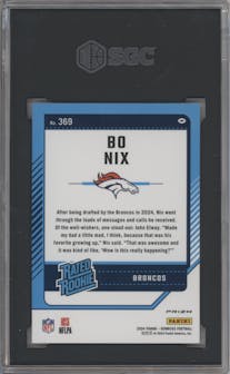 Bo Nix from the 2024 Donruss set featuring a Red and Green parallel graded by SGC and given an overall grade of 10.