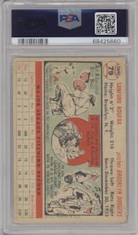 Sandy Koufax from the 1956 Topps set featuring a White Back parallel graded by PSA and given an overall grade of 1.