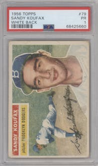 Sandy Koufax from the 1956 Topps set featuring a White Back parallel graded by PSA and given an overall grade of 1.