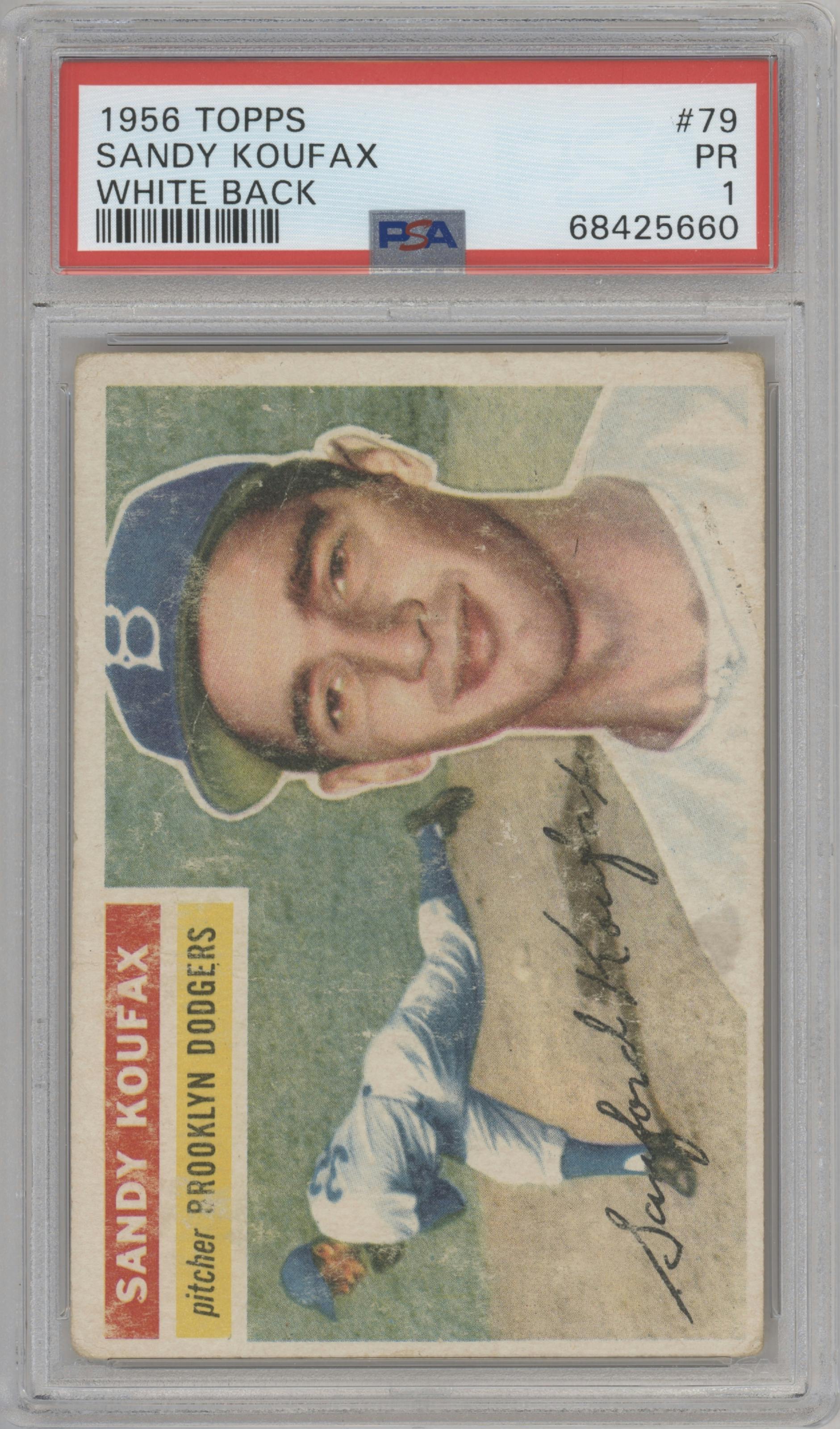 Sandy Koufax from the 1956 Topps set featuring a White Back parallel graded by PSA and given an overall grade of 1.