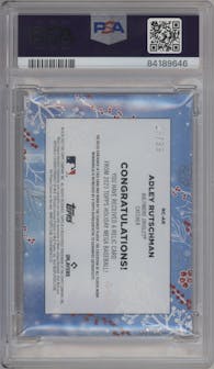 Adley Rutschman from the 2023 Topps Holiday set featuring a Blue Metallic parallel graded by PSA and given an overall grade of 10.