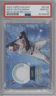 Adley Rutschman from the 2023 Topps Holiday set featuring a Blue Metallic parallel graded by PSA and given an overall grade of 10.