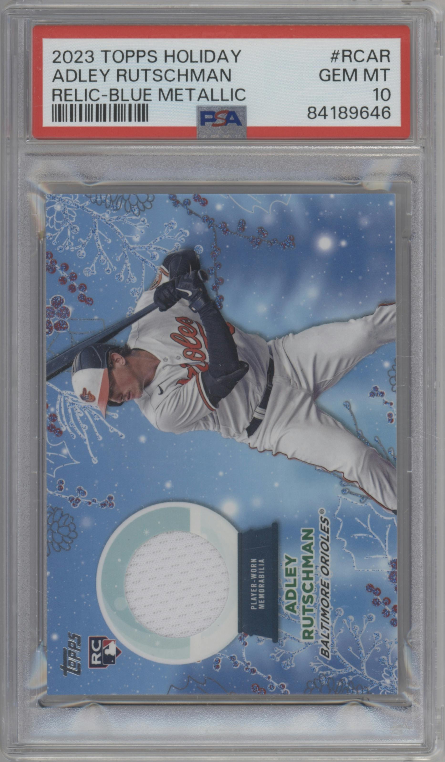 Adley Rutschman from the 2023 Topps Holiday set featuring a Blue Metallic parallel graded by PSA and given an overall grade of 10.