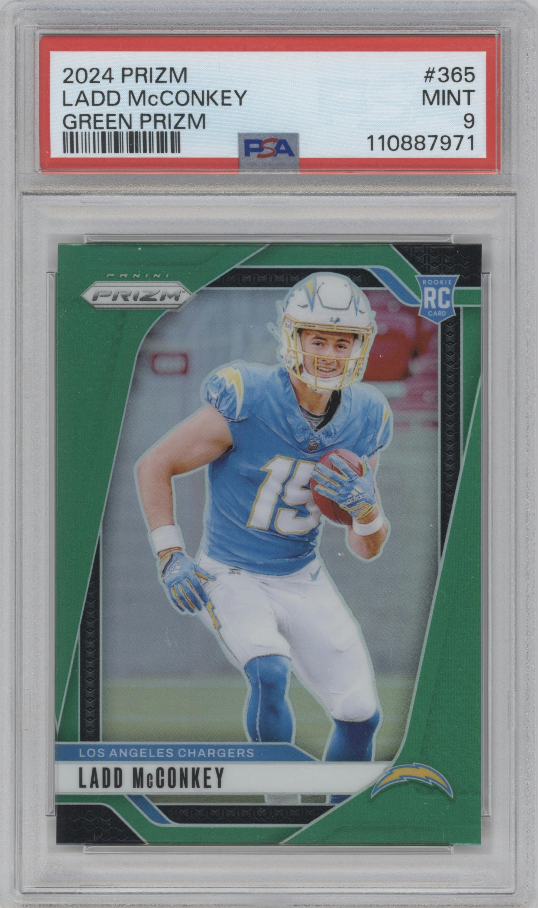 Ladd McConkey from the 2024 Panini Prizm set featuring a Green Prizm parallel graded by PSA and given an overall grade of 9.