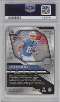 Ladd McConkey from the 2024 Panini Prizm set featuring a Green Prizm parallel graded by PSA and given an overall grade of 9.