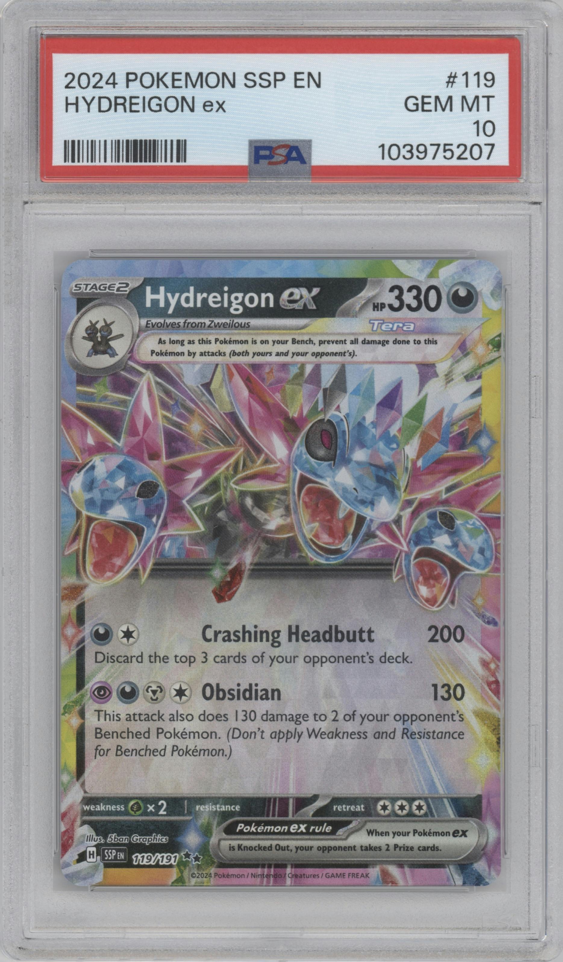Hydreigon ex from the 2024 Pokemon SV set graded by PSA and given an overall grade of 10.