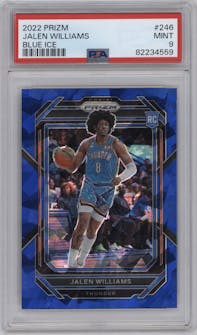 Jalen Williams from the 2022-23 Panini Prizm  set featuring a Blue Ice parallel graded by PSA and given an overall grade of 9.