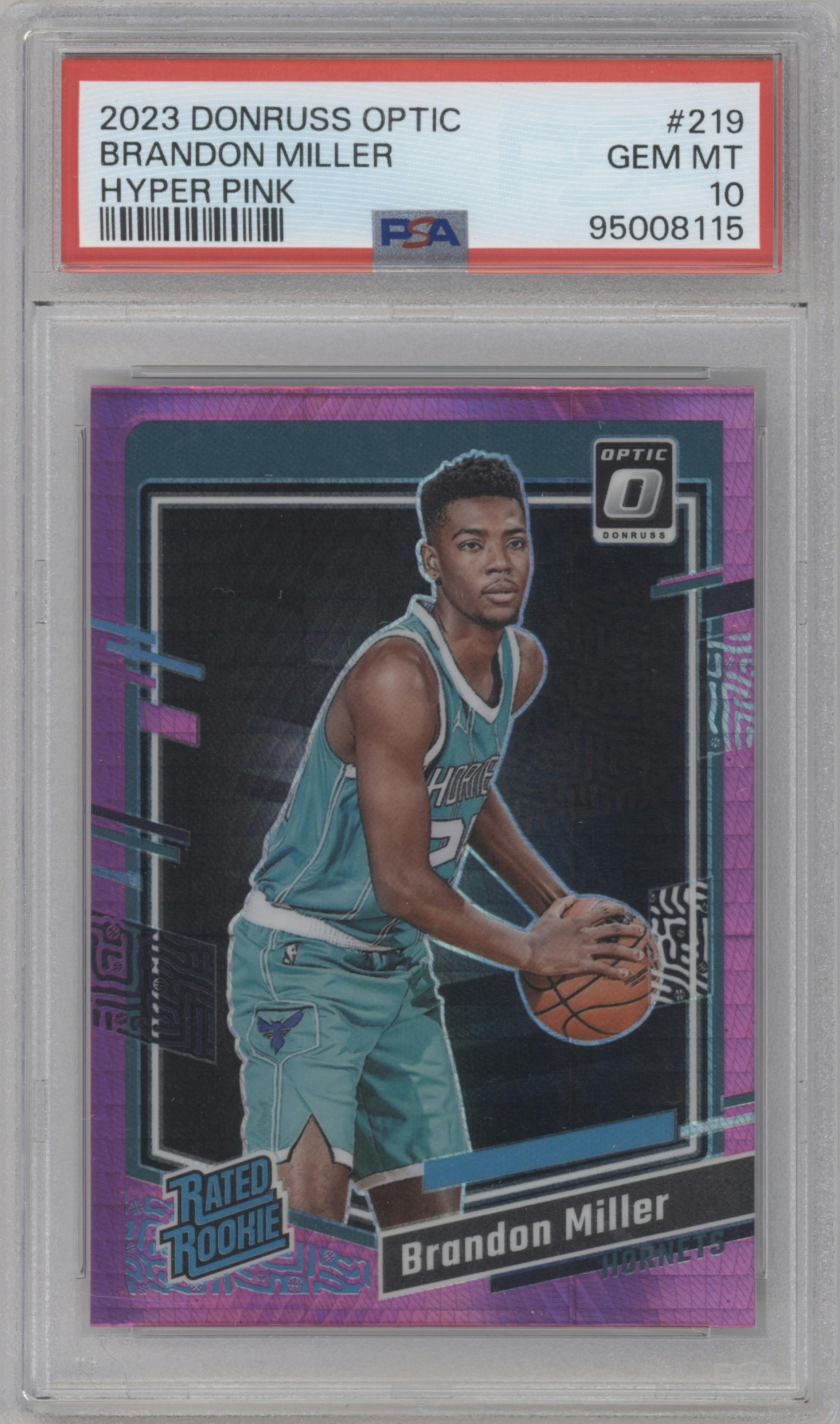 Brandon Miller from the 2023-24 Donruss Optic set featuring a Hyper Pink parallel graded by PSA and given an overall grade of 10.
