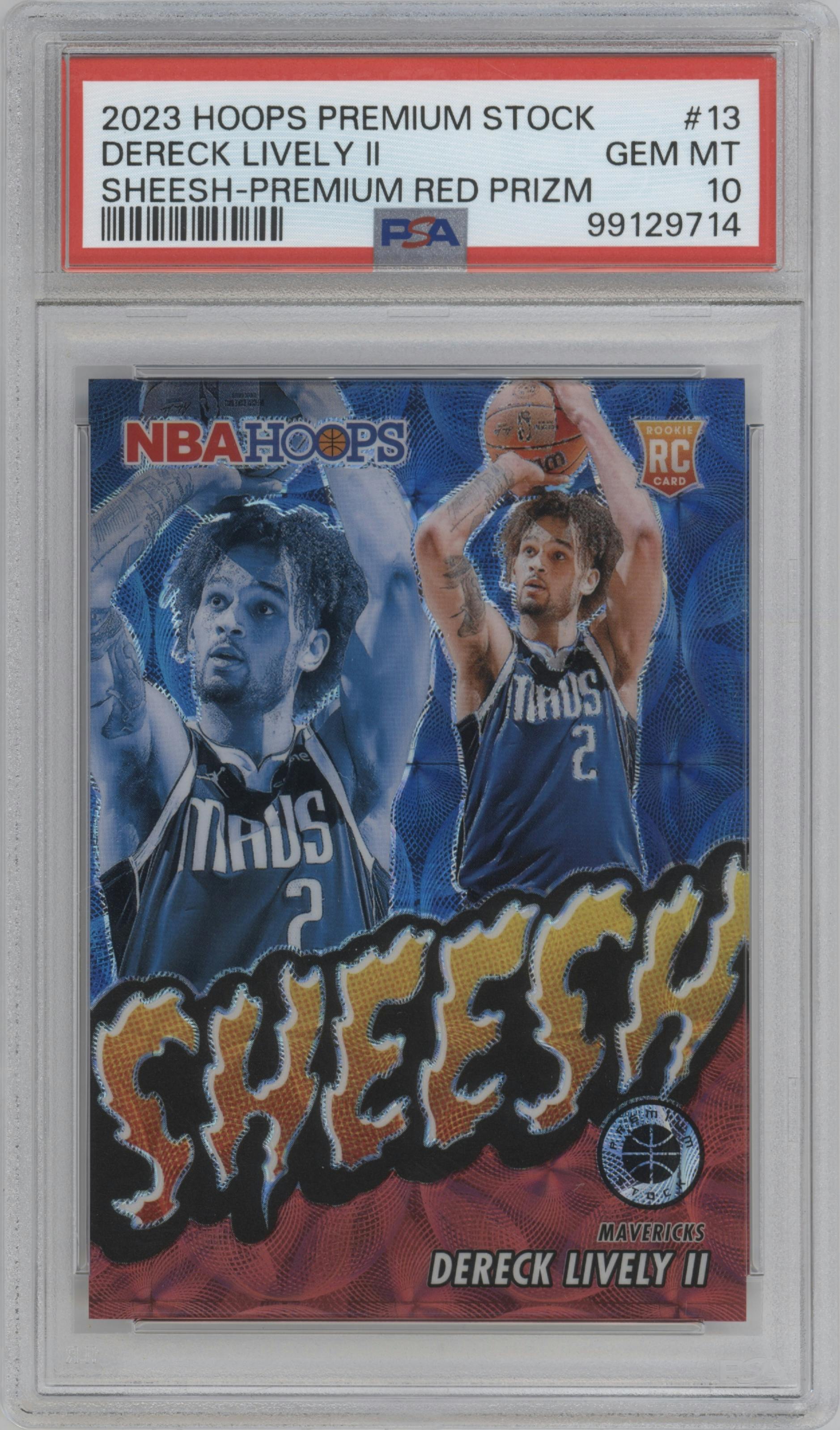 Dereck Lively II from the 2023-24 Panini Hoops Premium Stock set featuring a  Premium Red Prizm  parallel graded by PSA and given an overall grade of 10.