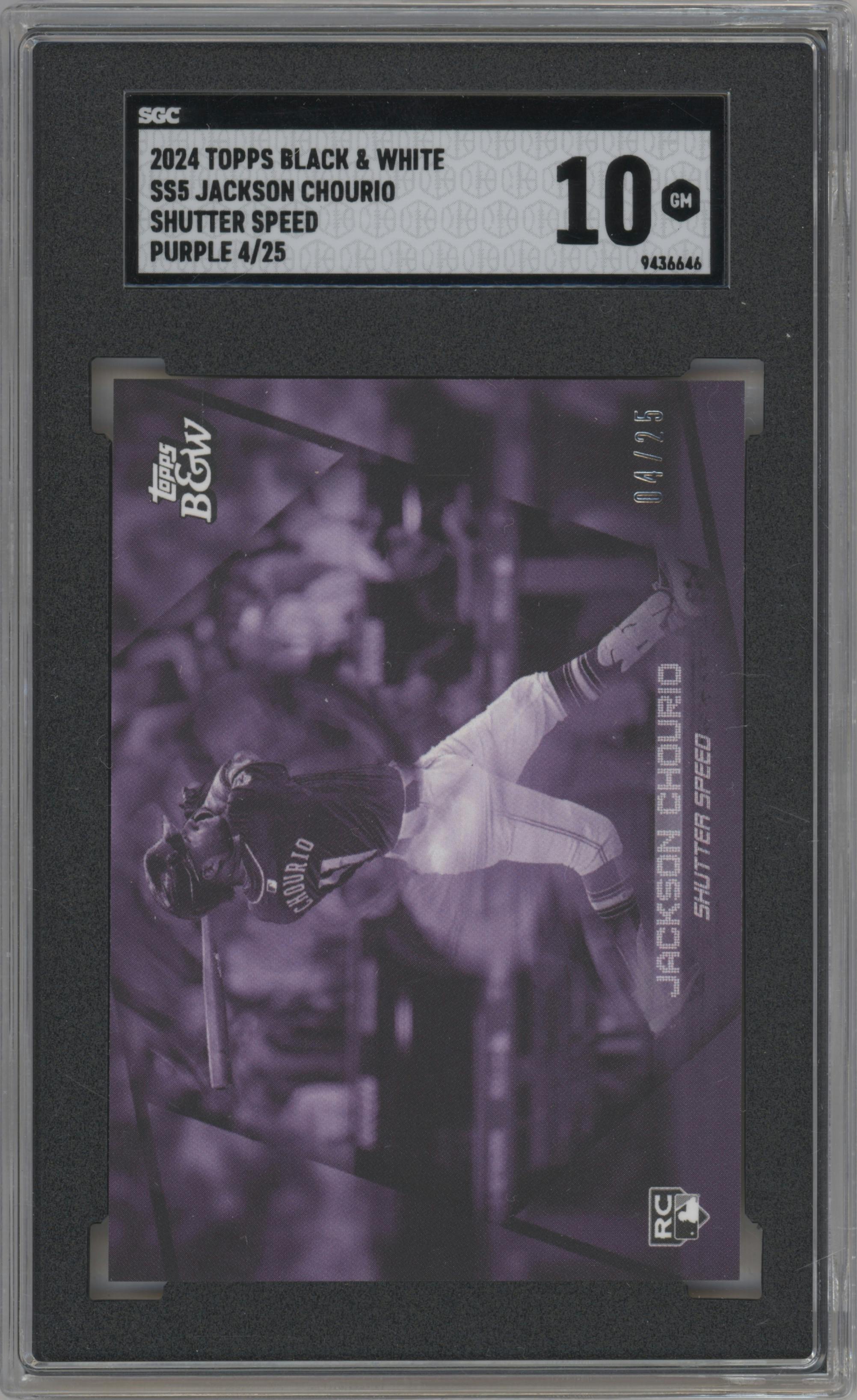 Jackson Chourio from the 2024 Topps Black & White set featuring a Purple parallel graded by SGC and given an overall grade of 10.