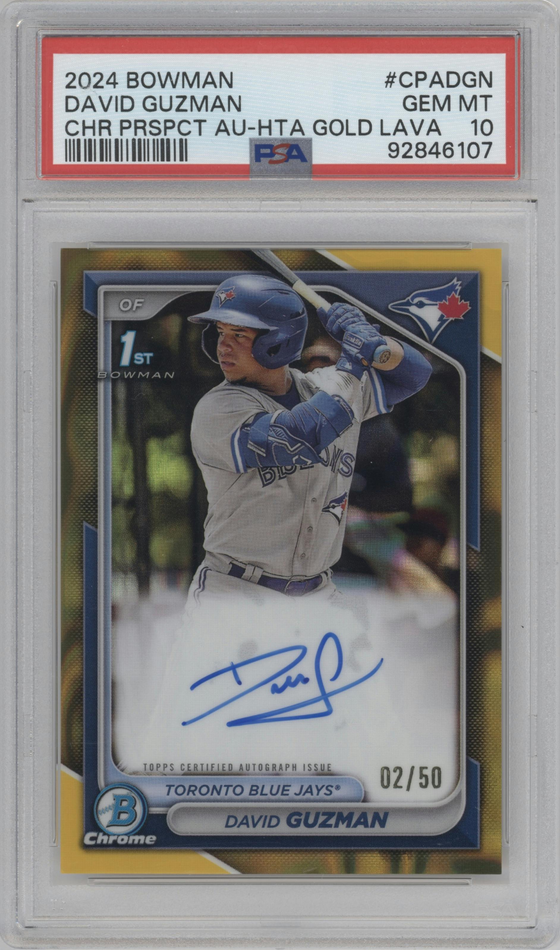 David Guzman from the 2024 Bowman set featuring a HTA Gold Lava Refractor parallel graded by PSA and given an overall grade of 10.