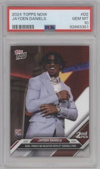 Jayden Daniels from the 2024 Topps Now set graded by PSA and given an overall grade of 10.
