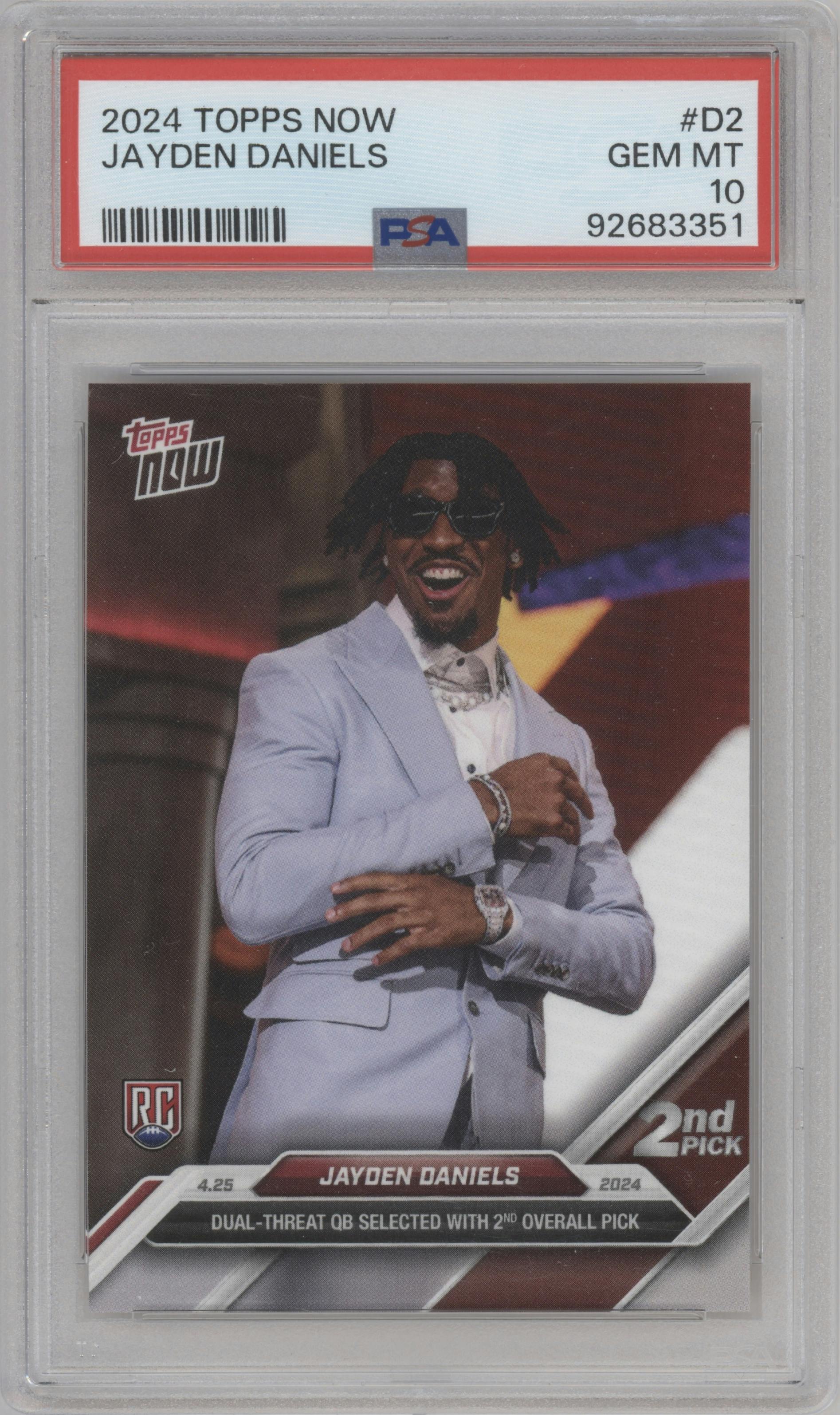 Jayden Daniels from the 2024 Topps Now set graded by PSA and given an overall grade of 10.