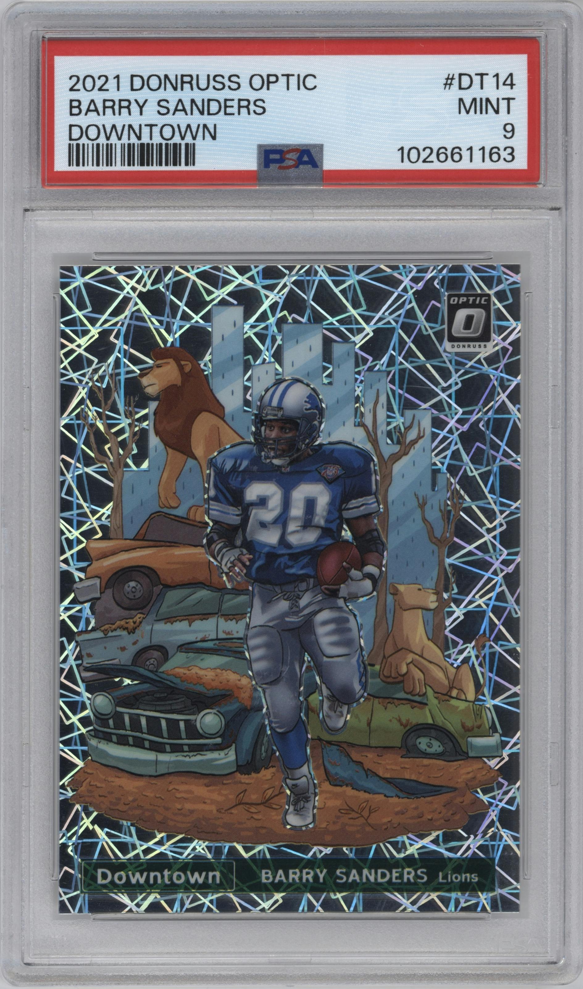 Barry Sanders  from the 2021 Panini Donruss Optic set graded by PSA and given an overall grade of 9.