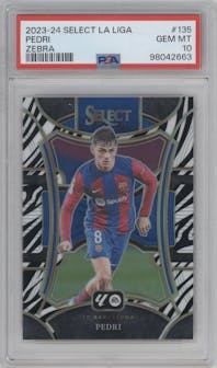 Pedri from the 2023-24 Panini Select La Liga set featuring a Zebra parallel graded by PSA and given an overall grade of 10.