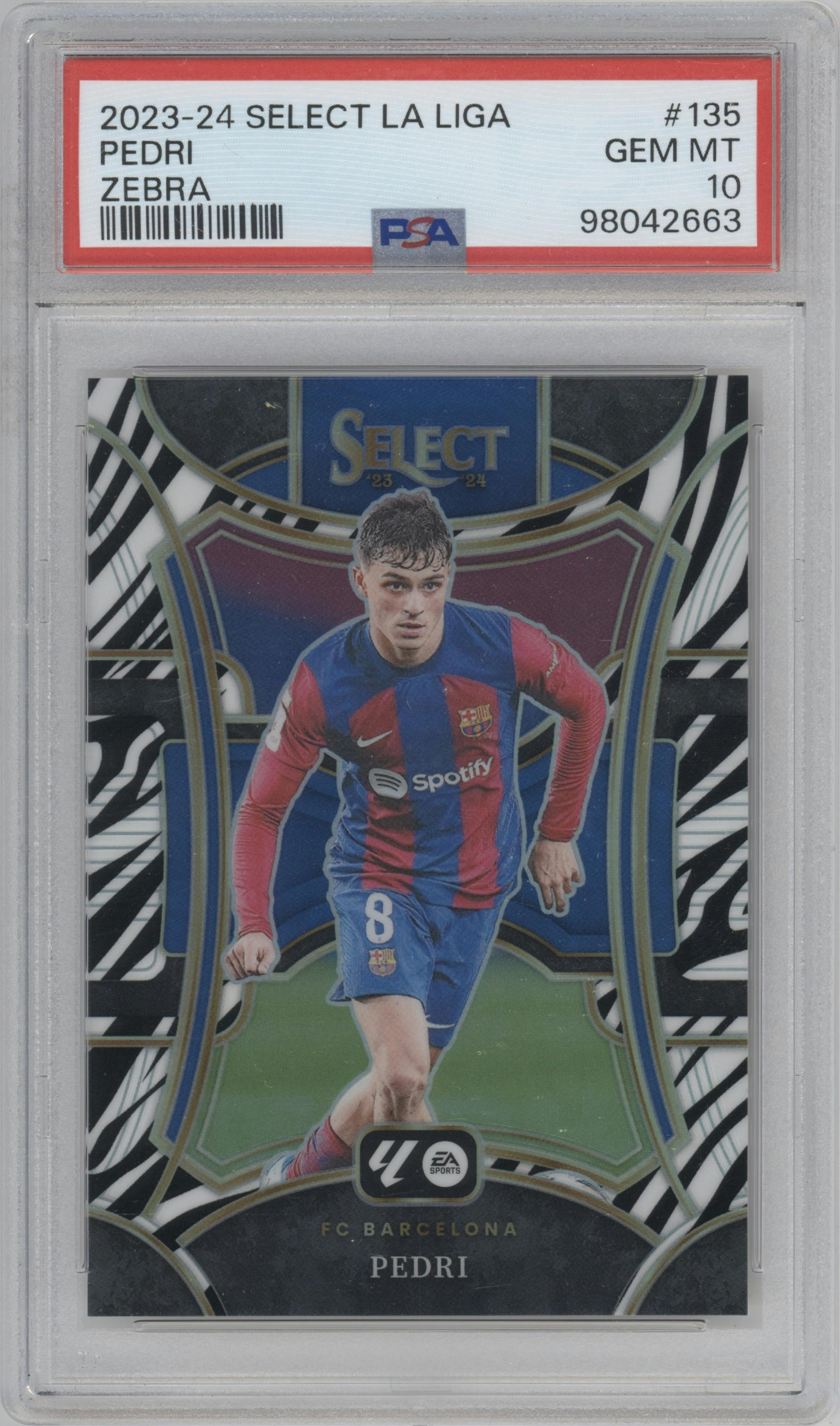 Pedri from the 2023-24 Panini Select La Liga set featuring a Zebra parallel graded by PSA and given an overall grade of 10.