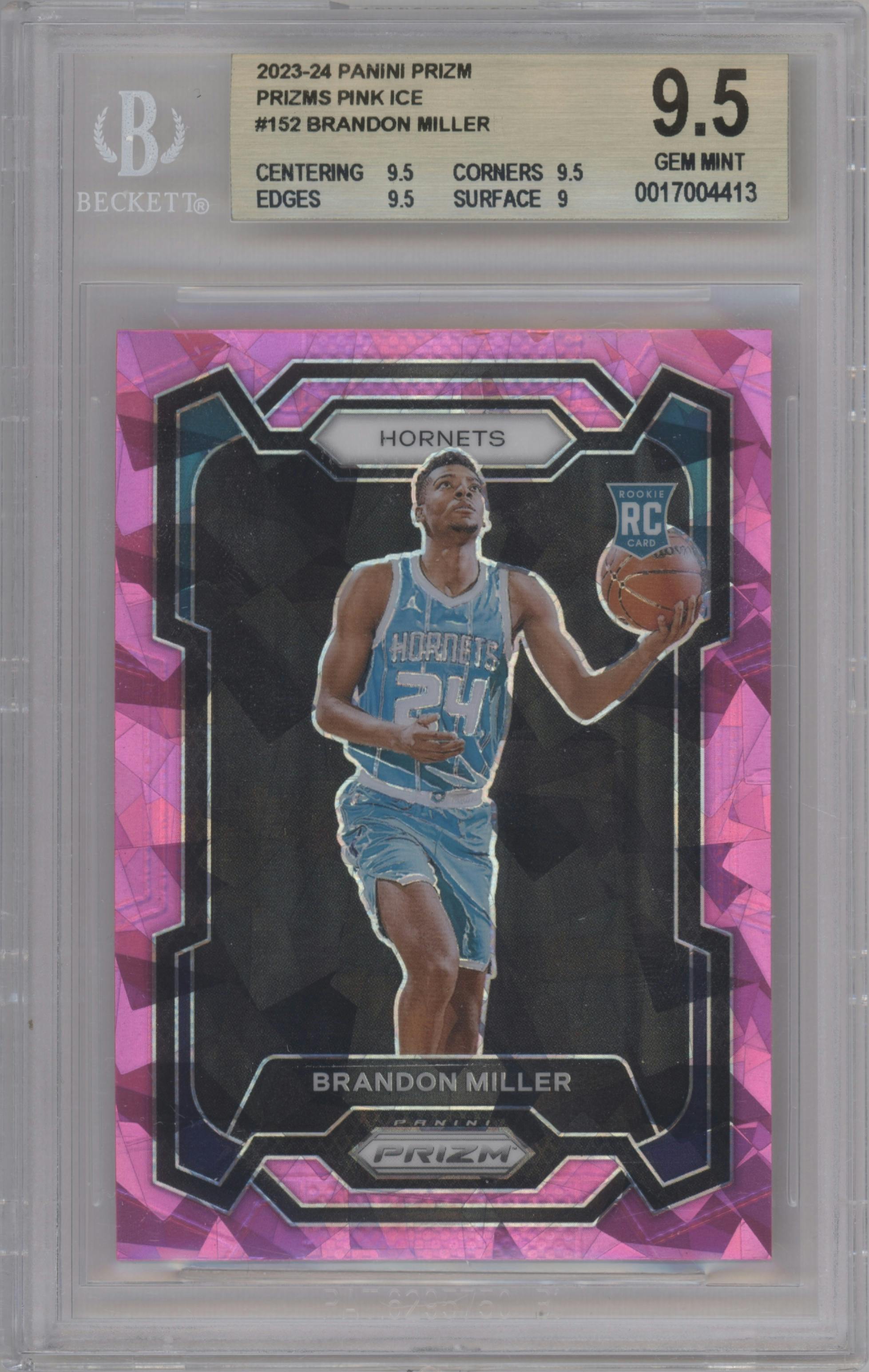 Brandon Miller from the 2023-24 Panini Prizm set featuring a Pink Ice parallel graded by Beckett and given an overall grade of 9.5.