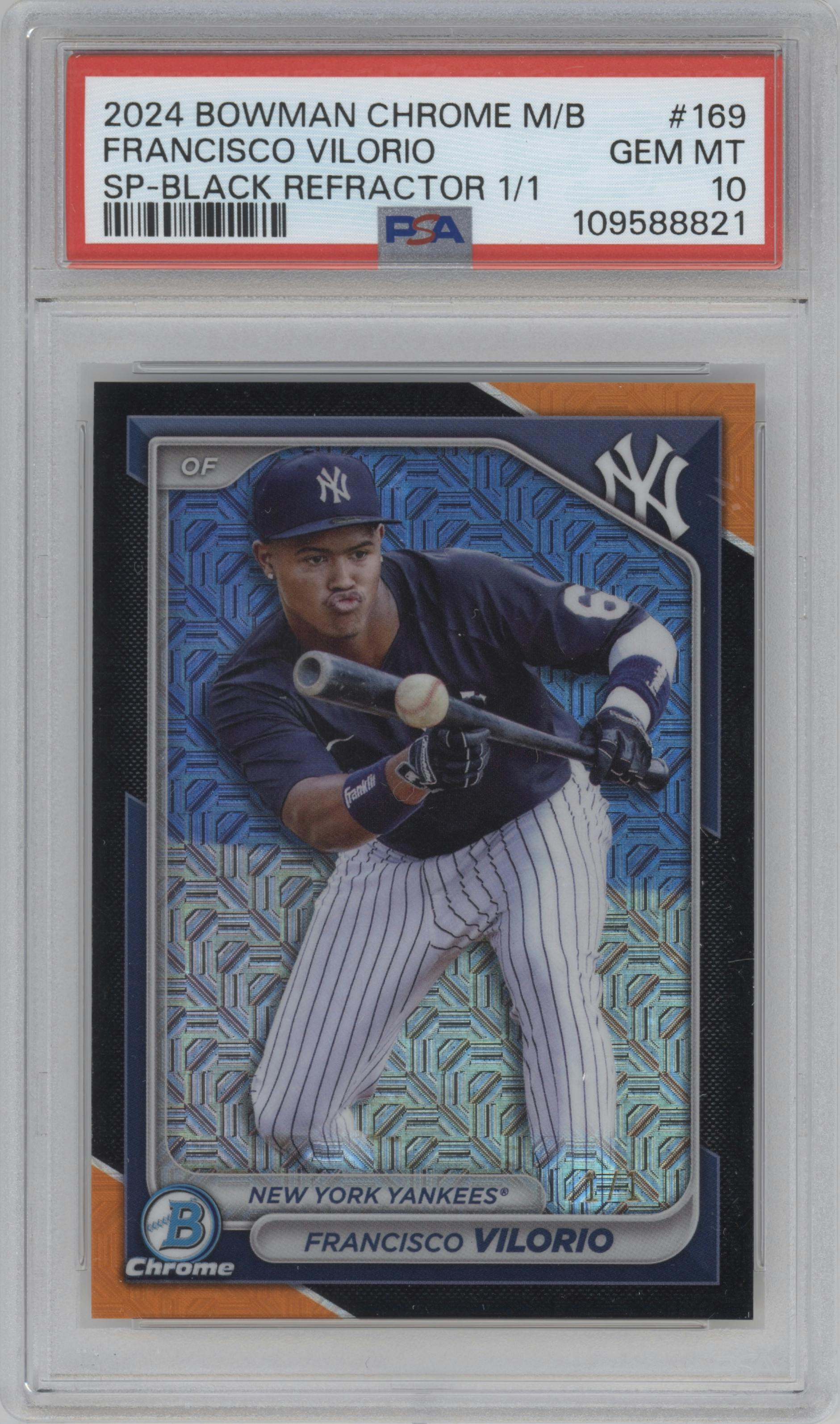 Francisco Vilorio from the 2024 Bowman Chrome Mega Box set featuring a Black Mojo Refractor parallel graded by PSA and given an overall grade of 10.